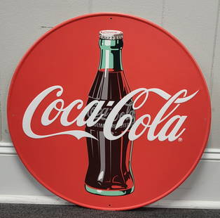Coca-Cola sign with Bottle 24": Coca-Cola sign with bottle on tin with the classic red background and the glass bottle. 24" Diameter