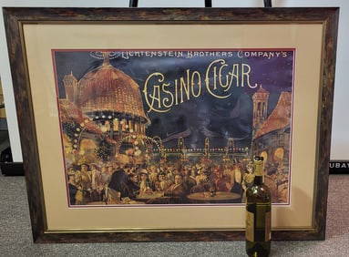 Casino Cigar Framed Picture: Lichtenstein Brothers Company's Casino Cigar Framed advertisement of A grouping of people dining by the pier. 28" x 36"w