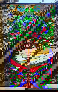 Stained Glass Floral Window: Stained glass window with flowering tree. 35" H x 21" W
