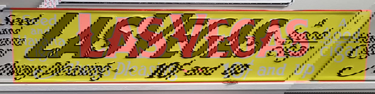 Las Vegas Cigar Sign: Las Vegas Cigar Sign, Embossed with a yellow background with red letters and black outlining. 10" H x 47" W