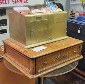 National Cash Register In Brass on Oak Base