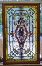 Stained Glass Window with a Garland and Tulips