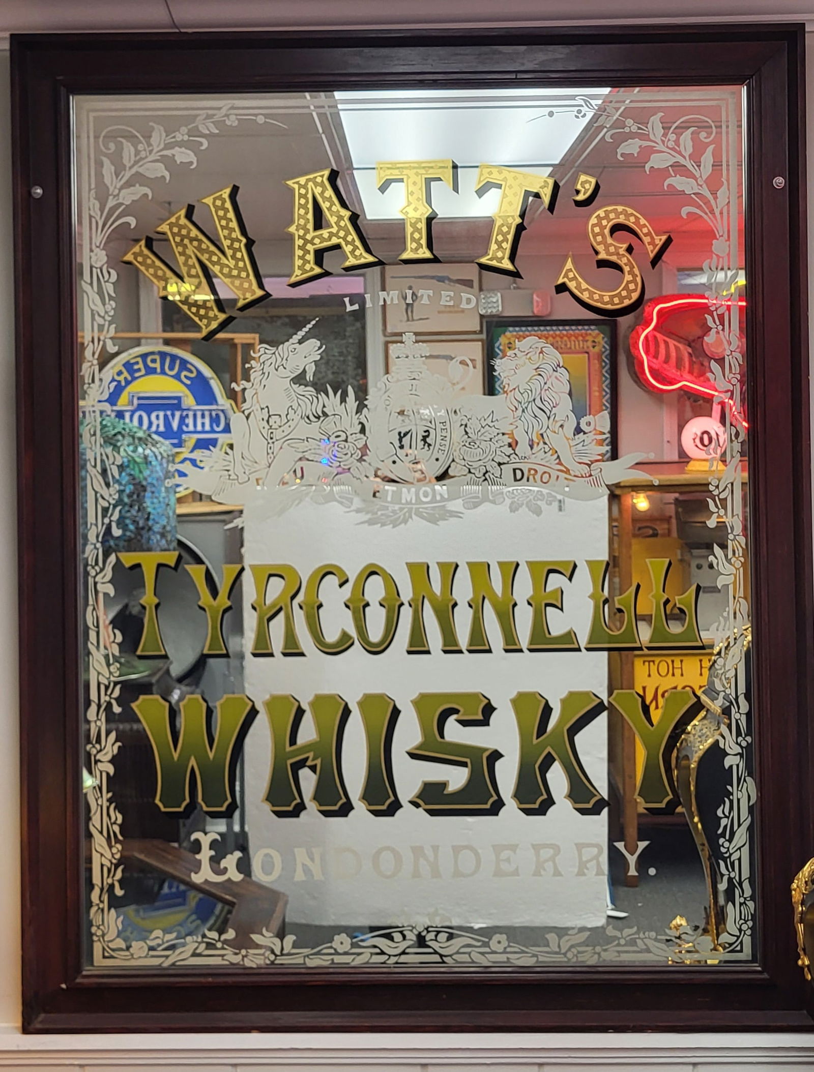 Vintage Watt's Tyrconnell Whisky Londonderry Ireland Pub Mirror, Bob And Paul Milhous Collection. (1 of 2)