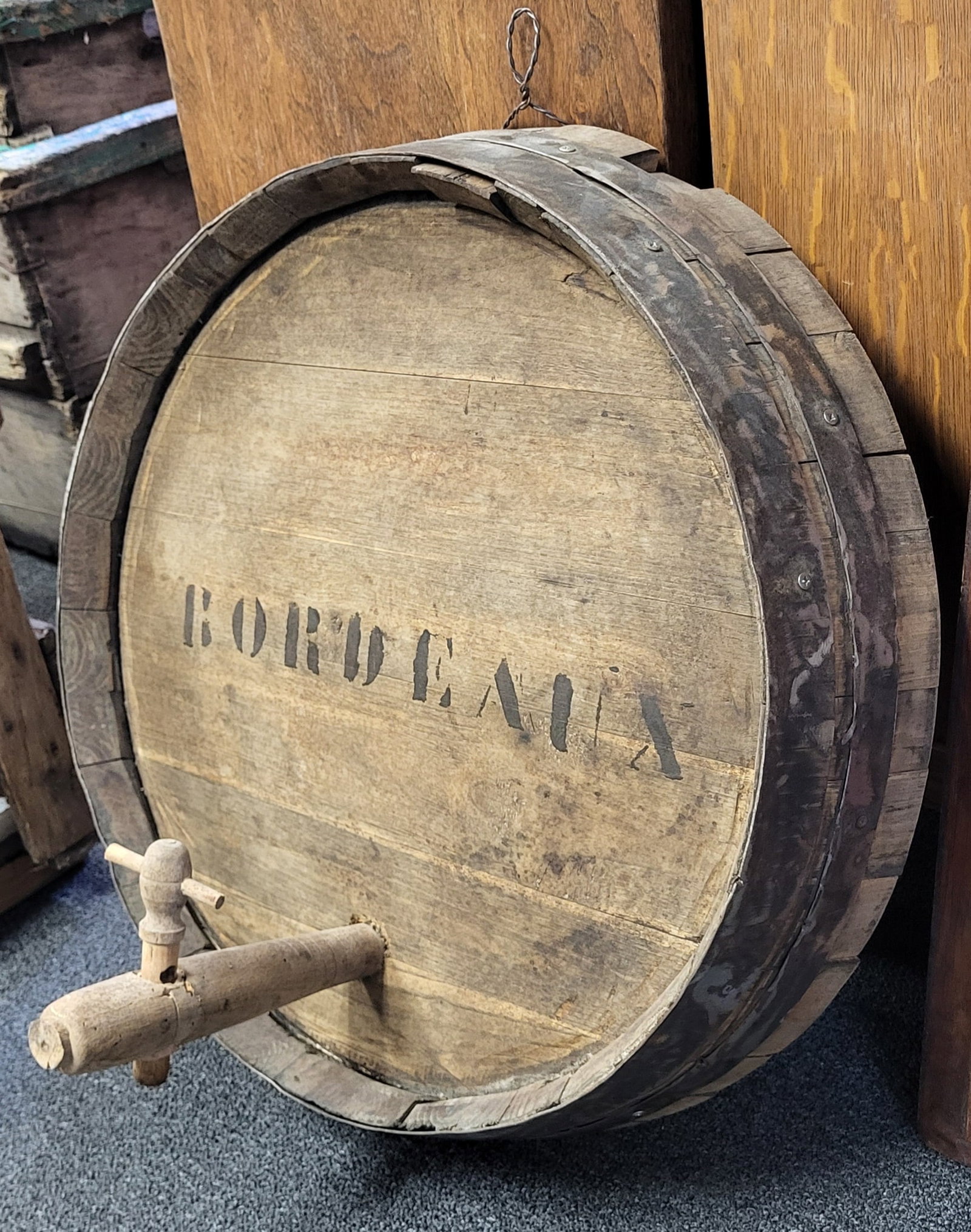 French Wine Keg End: French Wine Keg End, Wall mountable conditions. 23" Diameter x 12" Deep