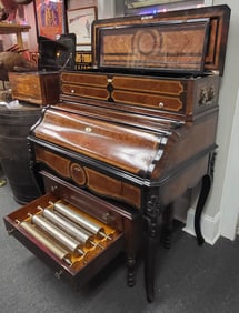 Inlaid Desk with Rare Paillard Cylinder Music Box, 12 Cylinders