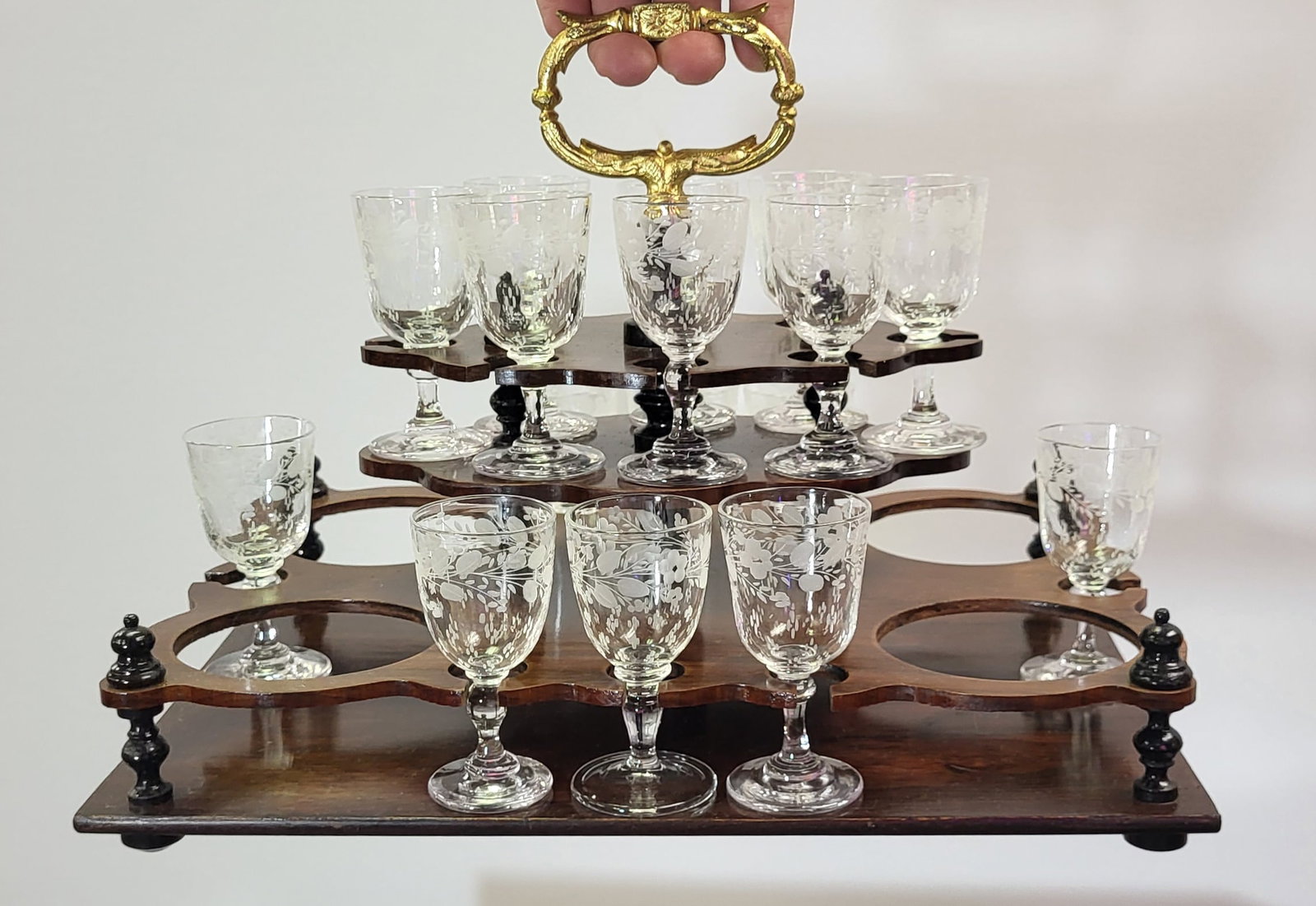 Antique French Ebonized Wood & Mother-of-Pearl Cave à Liqueur, Original Crystal.: Antique French Ebonized Wood & Mother-of-Pearl Cave à Liqueur, Original Crystal.