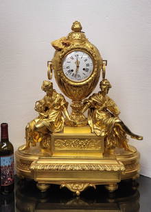 French 19th Century Gilt Bronze Clock. Provenance Milhous Collection.: Superb monumental French 19th Century gilt bronze clock featuring female figures, one holding a scroll and the other an armillary sphere representing literature and science. Clock marked J. Bezier Par