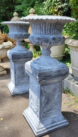 Pair of Cast Iron Fluted Urn with pedestal