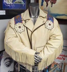 Mens Cream Leather Jacket with Beadwork and Fringe, Buckskin, as new. From The Personal Collection