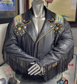 Mens Black Leather Jacket with Beadwork and Fringe, Deerskin. New Condition