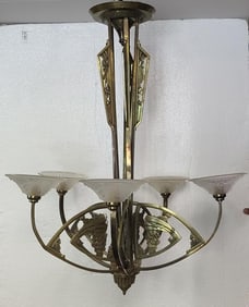 French Bronze Art Deco Chandelier with Frosted Glass Shades