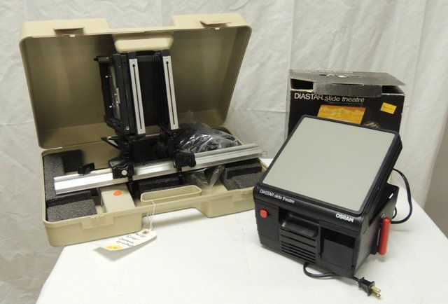 Sinar studio equipment & Diaster 200 slide projector: projector box:10"h x 10"w x 7.25"d, equipment case: 5"h x 20.25"w x 14.5"d