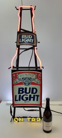 Bud Light Neon Sign. Tall Bottle Silhouette advertising available "On Tab" with glass tubing long