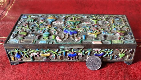 Chinese repousse enamel and brass box. 1.75: H x 7.5" W x 3.5" D