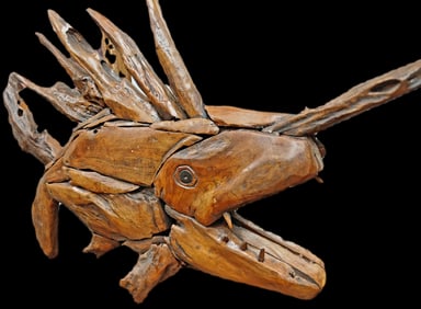 Hand Carved Teak Wood Fish on a Teak Wood Base. 18" H x 29" W