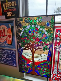 Stained glass window with flowering tree. 35" H x 21" W