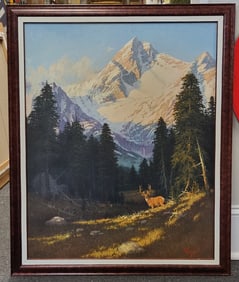 Lock Tulia Mountain Scene Signed 'Woodman' Oil on Canvas. 34" H x 28" W