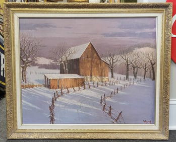 The Barn Winter Scene Signed 'Woodman' Oil on Canvas. 30" H x 36" w