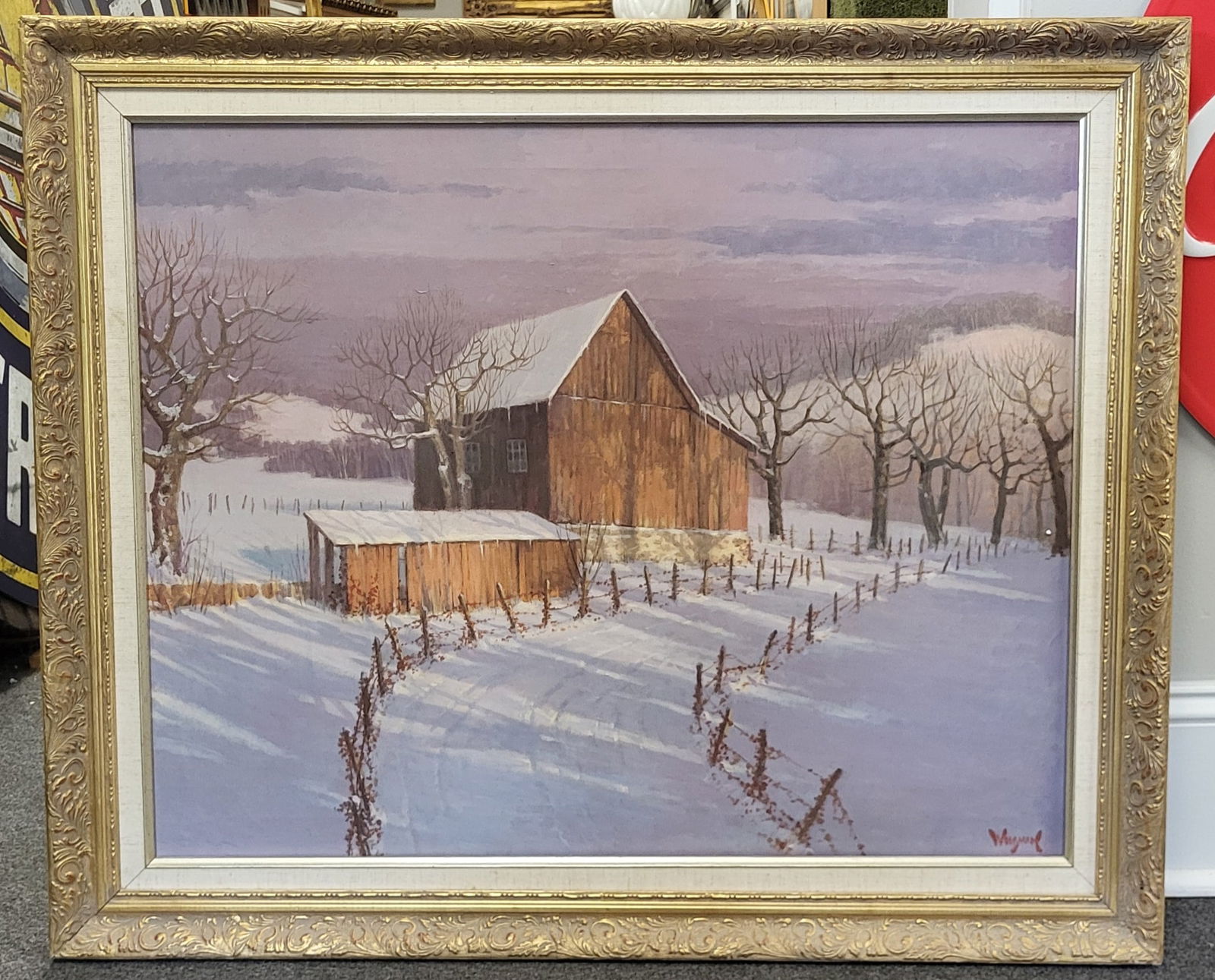 The Barn Winter Scene Signed 'Woodman' Oil on Canvas. 30" H x 36" w (1 of 4)