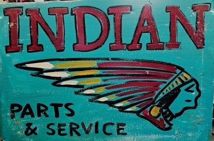 Hand painted advertisement For "Indian Parts & Service" steel wall sign, Green, Red and Black. 24"H