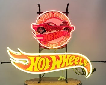 Hot Wheels Neon Sign with classic logo on a window adapted metallic frame, Red and Yellow, Glass (1 of 2)