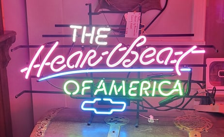 Chevrolet - The Heartbeat of America Neon Sign, White, Blue, Green and Pink, Glass tubing