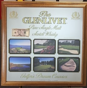 Glenlivet Scotch framed pub mirror featuring six pictures of golfers dream courses. 30" H x 30" W