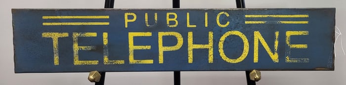 Vintage rectangle blue and yellow painted 'Public Telephone" metal sign. 10"h x 36"w