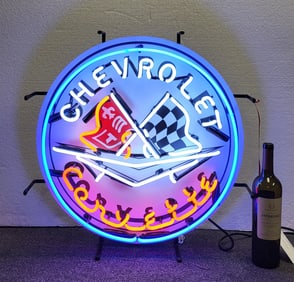 Chevrolet Corvette Neon Sign, White, Blue and Red, Glass Tubing. 24" D