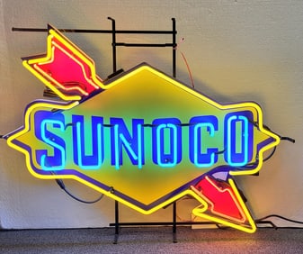 Sunoco Gas Station Neon Sign, Yellow and Blue, Glass Tubing. 28" H x 38" W