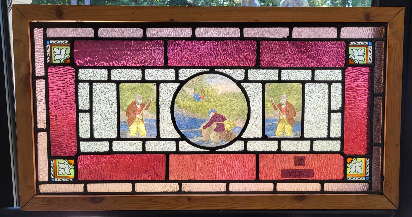Framed English cottage window with 3 painted scenes of 3 gentlemen fishing in a stream, circa 1860. (1 of 2)