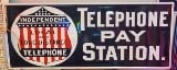Telephone Pay Phone Sign embossed in tin, navy blue, white and red.