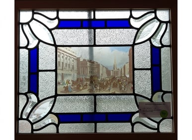 English Cottage Window, Beveled glass with a victorian scene 19" H x 22" W