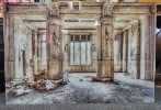Photograph of the interior of a building in ruins, on glass. 48"h x 59" w