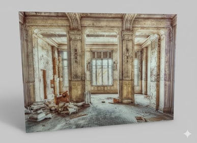 Photograph of the interior of a building in ruins, on glass. 48"h x 59" w