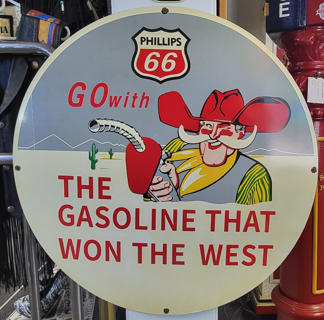 Phillips 66 The Gasoline That Won The West Porcelain Gas Pump Advertising Belly Plate Sign. 32" D (1 of 1)