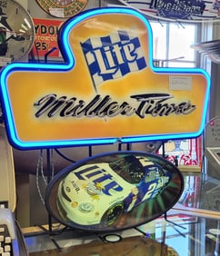 Miller Time, NASCAR's Rusty Wallace Neon Sign, Blue and White, Glass Tubing. 30"H x 31"W