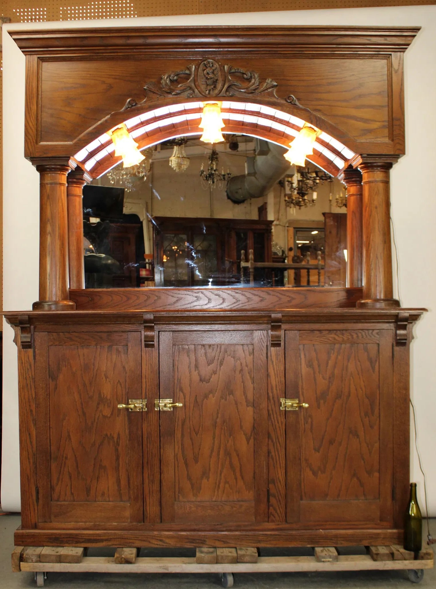 Stunning home walk up back bar in oak with arch mirror topped by lights. 92" H x 75" W x 20" D (1 of 7)