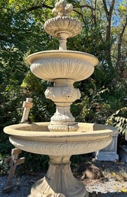Belgian 2-tier fountain with lion heads and fleur de lys. 103" H x 57" W