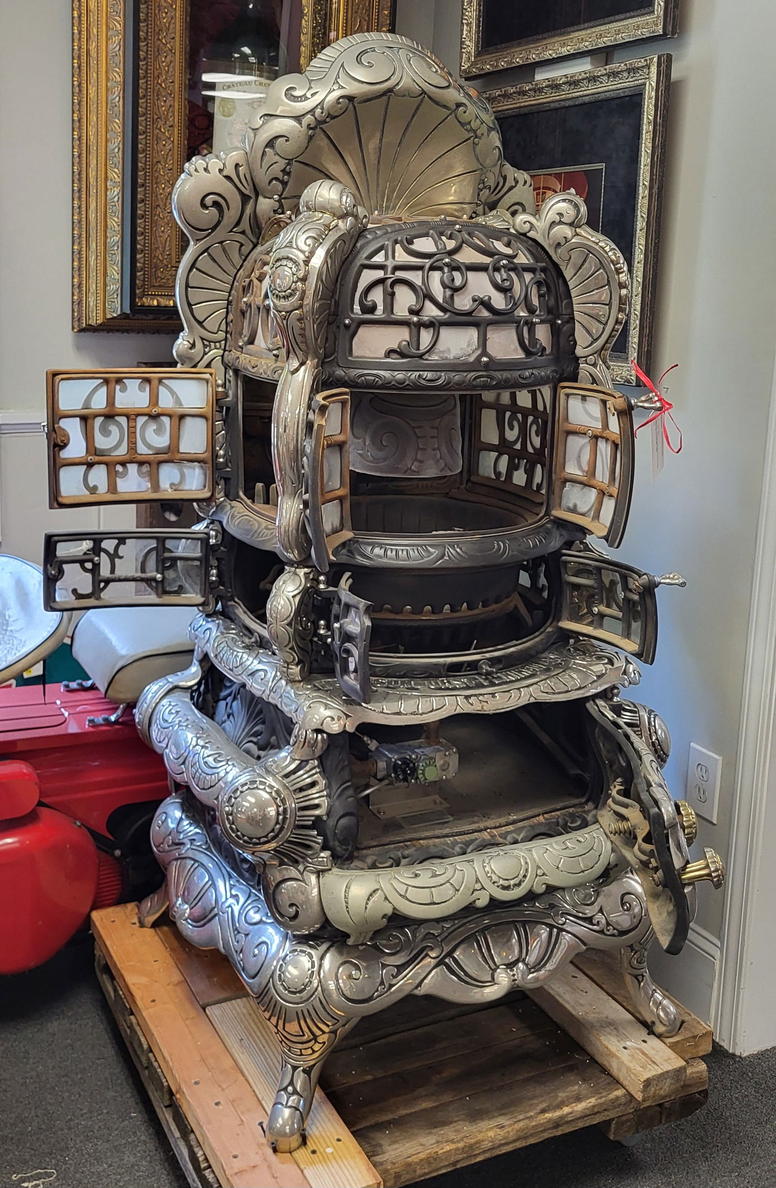 Sunburst Peninsular No. 414 Cast Iron Stove. Chrome Trim. 60" H x 29" W x 38" D (1 of 8)