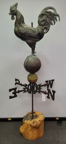Copper Weathervane with a rooster sitting atop a ball with Iron directional letters, Circa 1950. 76"