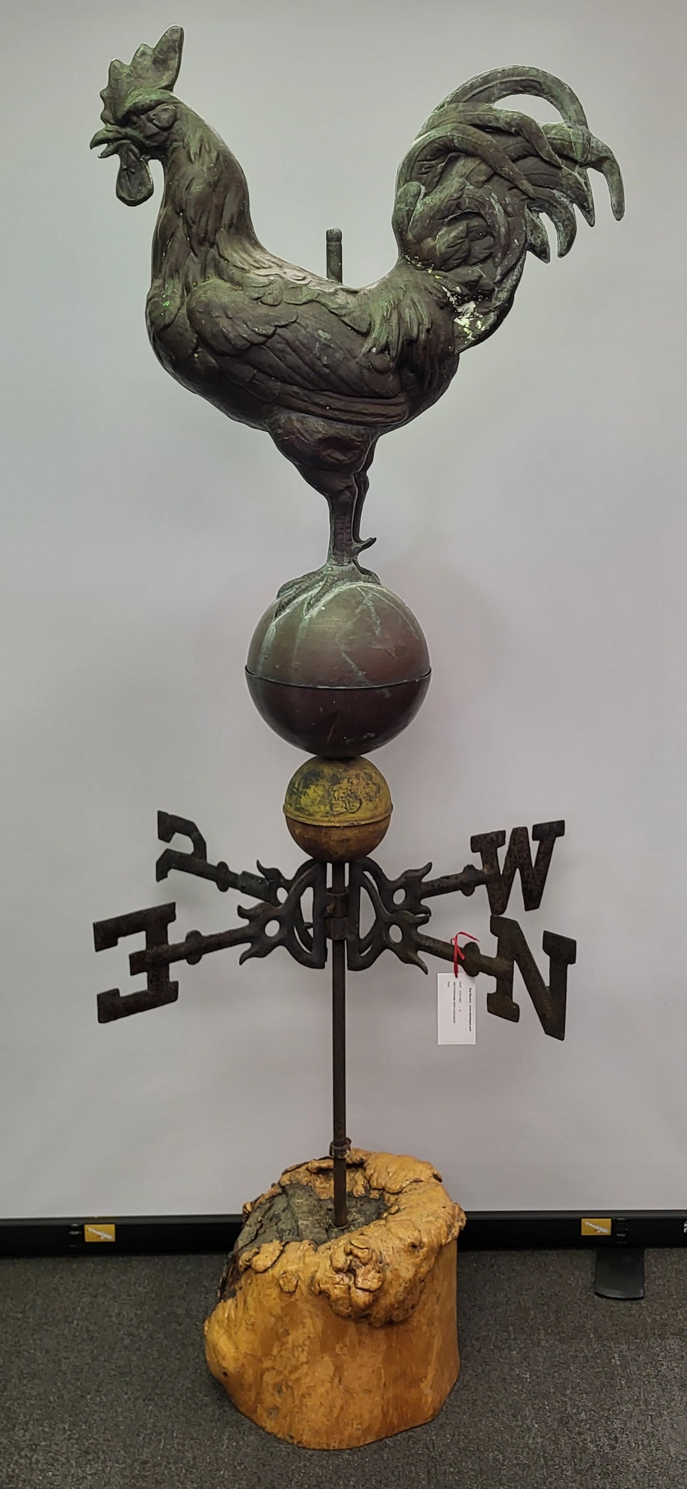 Copper Weathervane with a rooster sitting atop a ball with Iron directional letters, Circa 1950. 76" (1 of 3)