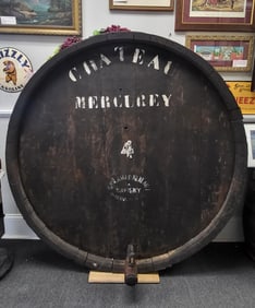 French Wine-Aging Keg Facade In Oak Marked Chateau Mercury, 5 ft Diameter