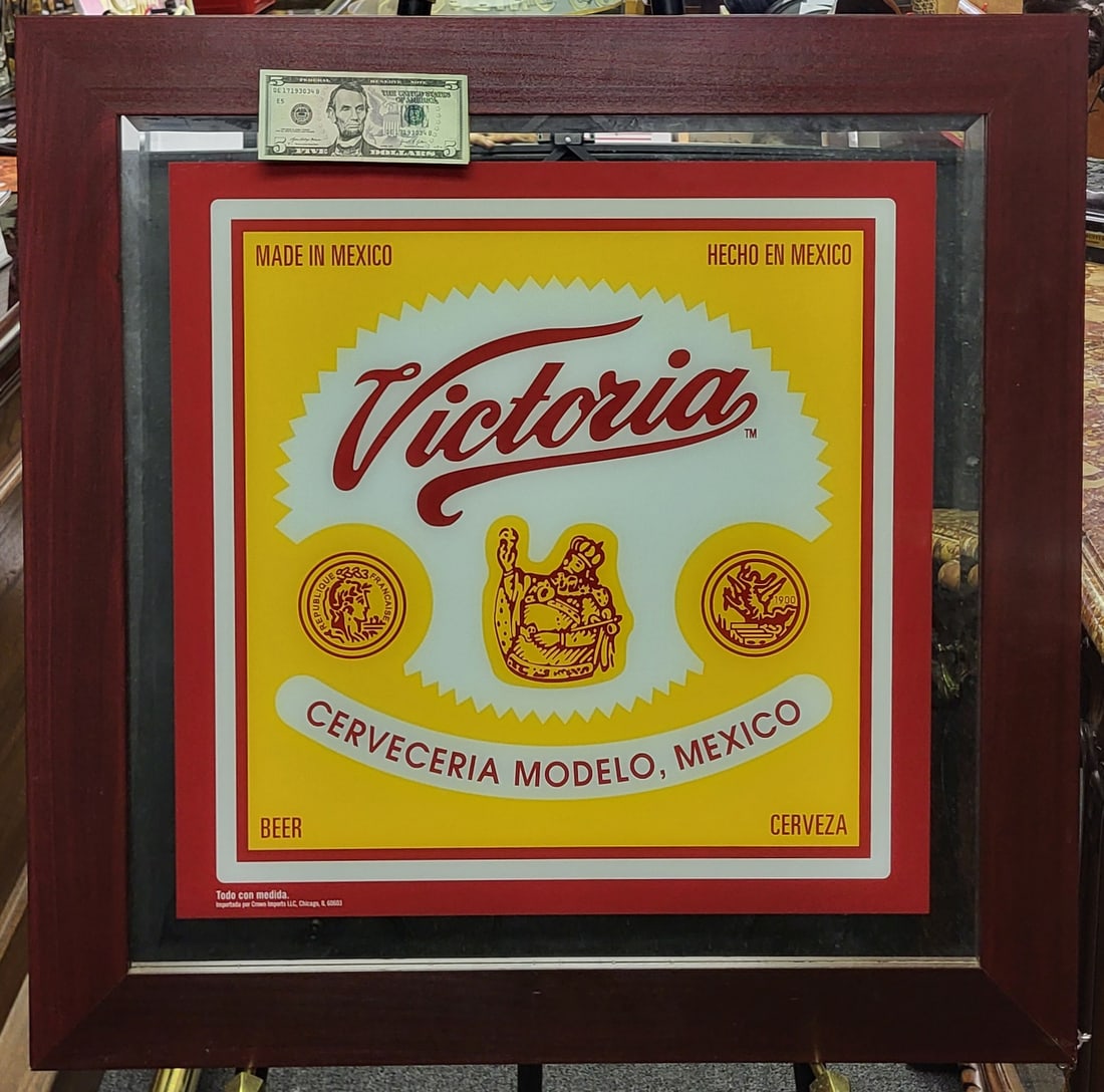 Victoria Mexican Beer sign, Reverse Insert on Beveled Mirror Produced In Chicago, IL. 31.5" H x (1 of 4)