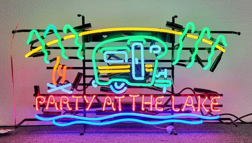 Party at the Lake Neon Sign, Green, Yellow, Red and Blue, Glass Tubing. 18" H x 33" W