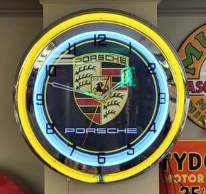 Porsche Neon Clock, glass neon tubings outer ring red and a white inner ring power up by a long life