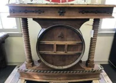 French wine motif front bar made with keg facade and wine press. 41" High x 52" Wide x 14" Deep