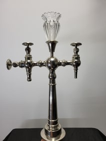 Polished chrome original soda shop soda double spigot tap with original glass shade. 21'H above the