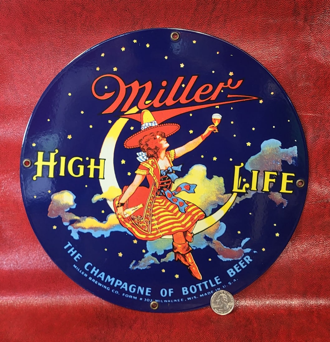Rare Original Miller High Life Girl in the Moon advertisement. Signed on the back. Probenance Hogg: Rare Original Miller High Life Girl in the Moon advertisement. Signed on the back. Probenance Hogg Estate 11" D