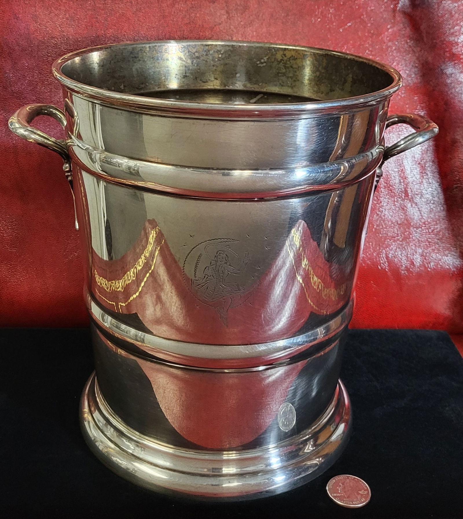 Engraved silver plate champagne cooler with Breweyana Miller Girl. Friedman Silver Co. 9" H x 10" D (1 of 4)